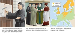 Protestant
                                                                                    Catholic




Unhappy with the Catholic Church,    The Protestant Reformation led to        The split in the church changed the
reformers in Europe began to break   efforts to reform the Catholic Church.   religious map of Europe.
away and form Protestant churches.
 