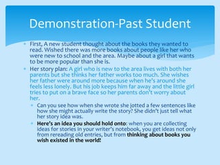  First, A new student thought about the books they wanted to
read. Wished there was more books about people like her who
were new to school and the area. Maybe about a girl that wants
to be more popular than she is.
 Her story plan: A girl who is new to the area lives with both her
parents but she thinks her father works too much. She wishes
her father were around more because when he’s around she
feels less lonely. But his job keeps him far away and the little girl
tries to put on a brave face so her parents don’t worry about
her.
 Can you see how when she wrote she jotted a few sentences like
how she might actually write the story? She didn’t just tell what
her story idea was.
 Here’s an idea you should hold onto: when you are collecting
ideas for stories in your writer’s notebook, you get ideas not only
from rereading old entries, but from thinking about books you
wish existed in the world!
Demonstration-Past Student
 