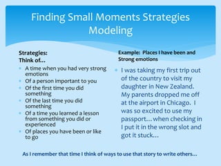 Finding Small Moments Strategies
Modeling
 A time when you had very strong
emotions
 Of a person important to you
 Of the first time you did
something
 Of the last time you did
something
 Of a time you learned a lesson
from something you did or
experienced
 Of places you have been or like
to go
 I was taking my first trip out
of the country to visit my
daughter in New Zealand.
My parents dropped me off
at the airport in Chicago. I
was so excited to use my
passport…when checking in
I put it in the wrong slot and
got it stuck…
Strategies:
Think of…
Example: Places I have been and
Strong emotions
As I remember that time I think of ways to use that story to write others…
 