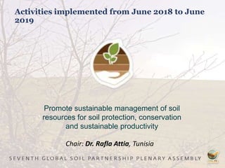 Activities implemented from June 2018 to June
2019
Promote sustainable management of soil
resources for soil protection, conservation
and sustainable productivity
Chair: Dr. Rafla Attia, Tunisia
 