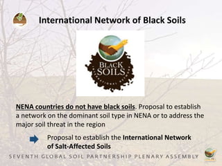 International Network of Black Soils
NENA countries do not have black soils. Proposal to establish
a network on the dominant soil type in NENA or to address the
major soil threat in the region
Proposal to establish the International Network
of Salt-Affected Soils
 