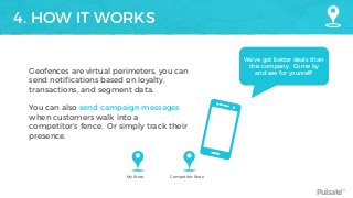 Pulsate™
4. HOW IT WORKS
Geofences are virtual perimeters, you can
send notifications based on loyalty,
transactions, and segment data.  
 
You can also send campaign messages
when customers walk into a
competitor’s fence. Or simply track their
presence.
We’ve got better deals than
this company. Come by
and see for yourself!
My Store Competitor Store
 