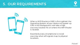 Pulsate™
5. OUR REQUIREMENTS
When a WiFi Router or SSID is first sighted, the
Operating System of your device will power up
GPS in the background, and take a high
accuracy location fix on where this WiFi Router
is located. 
 
Essentially every smartphone is crowd
sourcing what wifi signals map to physical
locations.
 