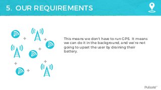 Pulsate™
5. OUR REQUIREMENTS
This means we don’t have to run GPS. It means
we can do it in the background, and we’re not
going to upset the user by draining their
battery.
+ +
+
+
+ +
 