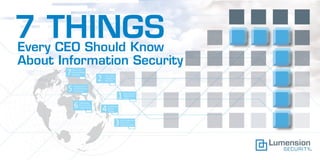 7 THINGS
Every CEO Should Know
About Information Security
        Policy and
        Process Reign
        Supreme
                              The Costs
                              of Ignoring
                              Security

         Emergence of
         the Borderless
         Enterprise
                                                Security is a
                                                Boardroom
                                                Issue

               Traditional
               Security No
                                Increasing
               Longer Works
                                Insider
                                Threats



                                             Well-Organized
                                             & Focused
                                             Cybercriminals
 