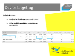 Device targeting
Typical situation:
• Responsive mobile site
• Reducing bids on mobile - no analysis
Solution
• Analyse performance at campaign level
• Take advantage of low cost traffic over
competition
@7thingsmedia
@IABUK
 