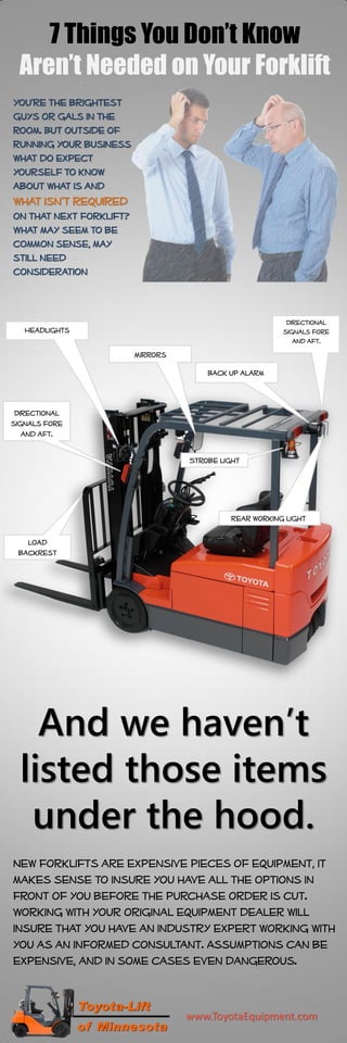 7 Things You Don’t Know
Aren’t Needed on Your Forklift
You’re the brightest
guys or gals in the
room. But outside of
running your business
what do expect
yourself to know
about what is and

what isn’t required
on that next forklift?
What may seem to be
common sense, may
still need
consideration

Directional
signals fore
and aft.

Headlights
Mirrors
Back up alarm

Directional
signals fore
and aft.
Strobe light

Rear working light
Load
backrest

And we haven’t
listed those items
under the hood.
New forklifts are expensive pieces of equipment, it
makes sense to insure you have all the options in
front of you before the purchase order is cut.
Working with your original equipment dealer will
insure that you have an industry expert working with
you as an informed consultant. Assumptions can be
expensive, and in some cases even dangerous.

www.ToyotaEquipment.com

 
