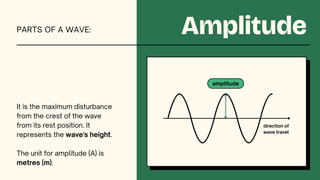 amplitude
Amplitude
It is the maximum disturbance
from the crest of the wave
from its rest position. It
represents the wave's height.
The unit for amplitude (A) is
metres (m).
PARTS OF A WAVE:
direction of
wave travel
 