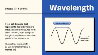 one wavelength
Wavelength
It is a set distance that
represents the full cycle of a
wave. It can be measured from
crest to crest, from trough to
trough, or any two consecutive
points in the wave cycle.
The unit for wavelength
(λ, Greek letter lambda) is
metres (m).
PARTS OF A WAVE:
direction of
wave travel
 