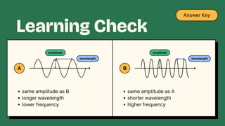 Answer Key
A B
amplitude amplitude
wavelength wavelength
same amplitude as B
longer wavelength
lower frequency
same amplitude as A
shorter wavelength
higher frequency
Learning Check
 