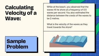 Calculating
Velocity of a
Wave:
Sample
Problem
While at the beach, you observed that the
waves hit he shore at a frequency of 0.5
waves per second. You also estimated the
distance between the crests of the waves to
be 2 metres.
What is the velocity of the waves as they
travel towards the shore?
 