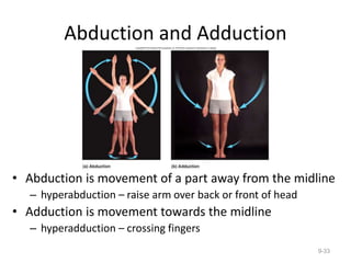 Abduction and Adduction
• Abduction is movement of a part away from the midline
– hyperabduction – raise arm over back or front of head
• Adduction is movement towards the midline
– hyperadduction – crossing fingers
9-33
 
