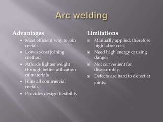 Advantages                          Limitations
     Most efficient way to join       Manually applied, therefore
      metals                            high labor cost.
     Lowest-cost joining              Need high energy causing
      method                            danger
     Affords lighter weight           Not convenient for
      through better utilization        disassembly.
      of materials                     Defects are hard to detect at
     Joins all commercial              joints.
      metals
     Provides design flexibility
 