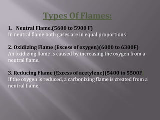 Types Of Flames:
1. Neutral Flame.(5600 to 5900 F)
In neutral flame both gases are in equal proportions.

2. Oxidizing Flame (Excess of oxygen)(6000 to 6300F)
An oxidizing flame is caused by increasing the oxygen from a
neutral flame.

3. Reducing Flame (Excess of acetylene)(5400 to 5500F)
If the oxygen is reduced, a carbonizing flame is created from a
neutral flame.
 