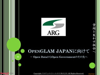 OPENGLAM JAPANに向けて
－ Open DataからOpen Governmentのその先へ
学
問
を
生
か
す
社
会
へ
35
Copyright アカデミック・リソース・ガイド株式会社 All Rights Reserved. arg.ne.jp
 