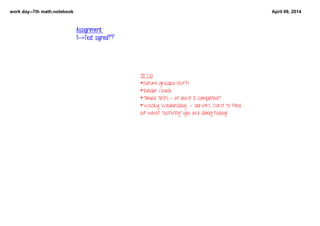work day­­7th math.notebook April 09, 2014
TO DO:
*Return graded stuff!
*Binder Check
*Timed Tests - at least 2 completed?
*Wacky Wednesday  - see Mrs. Durst to find 
out what "activity" you are doing today!
Assignment:
1-->Test signed??
 