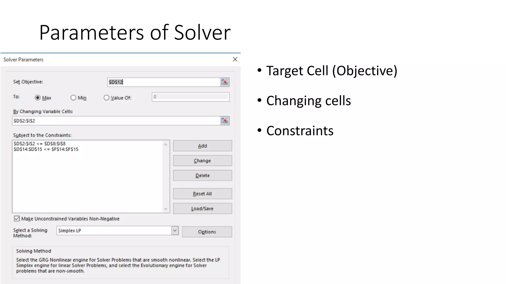 Parameters of Solver
• Target Cell (Objective)
• Changing cells
• Constraints
 