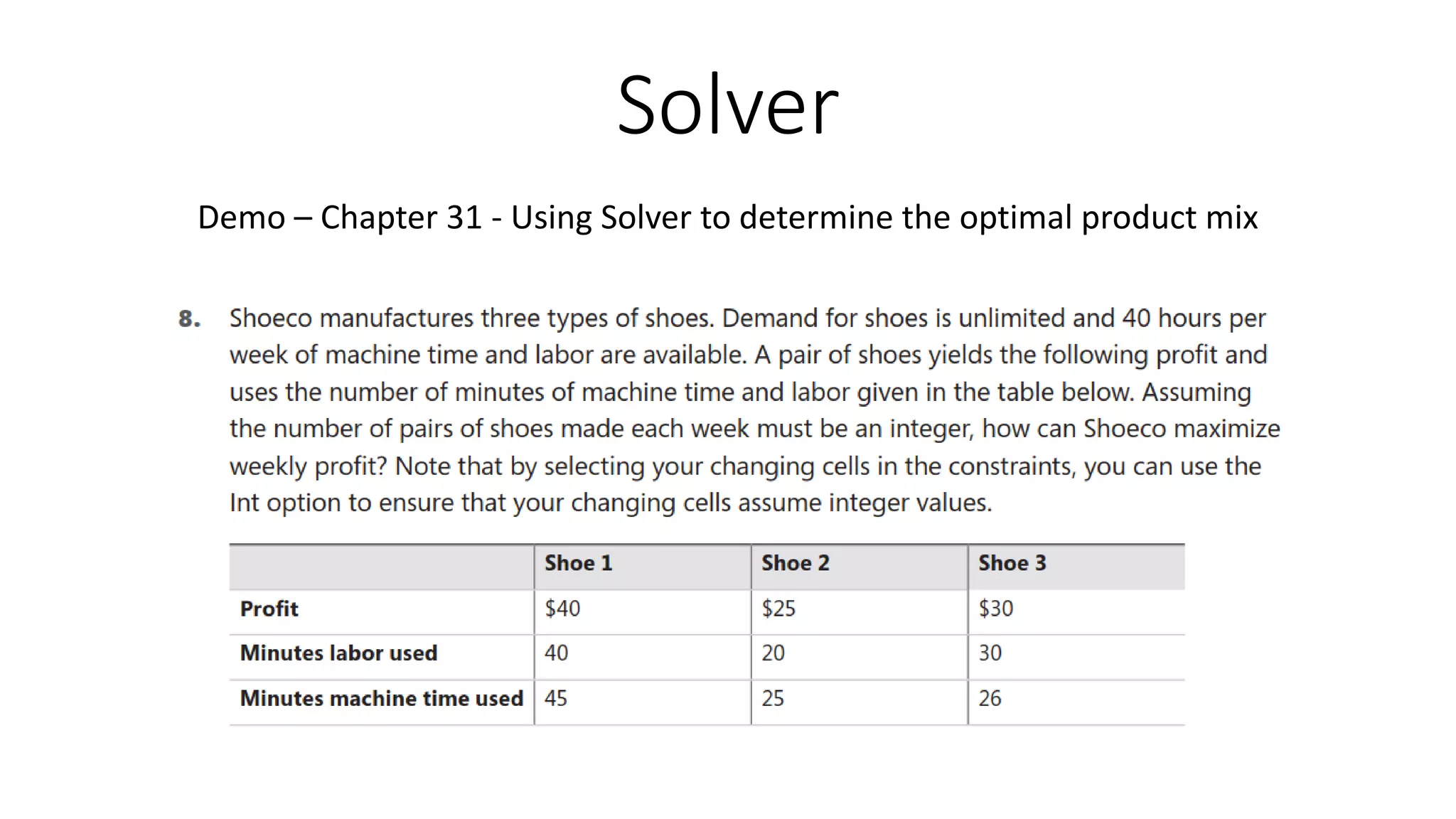Solver
Demo – Chapter 31 - Using Solver to determine the optimal product mix
 