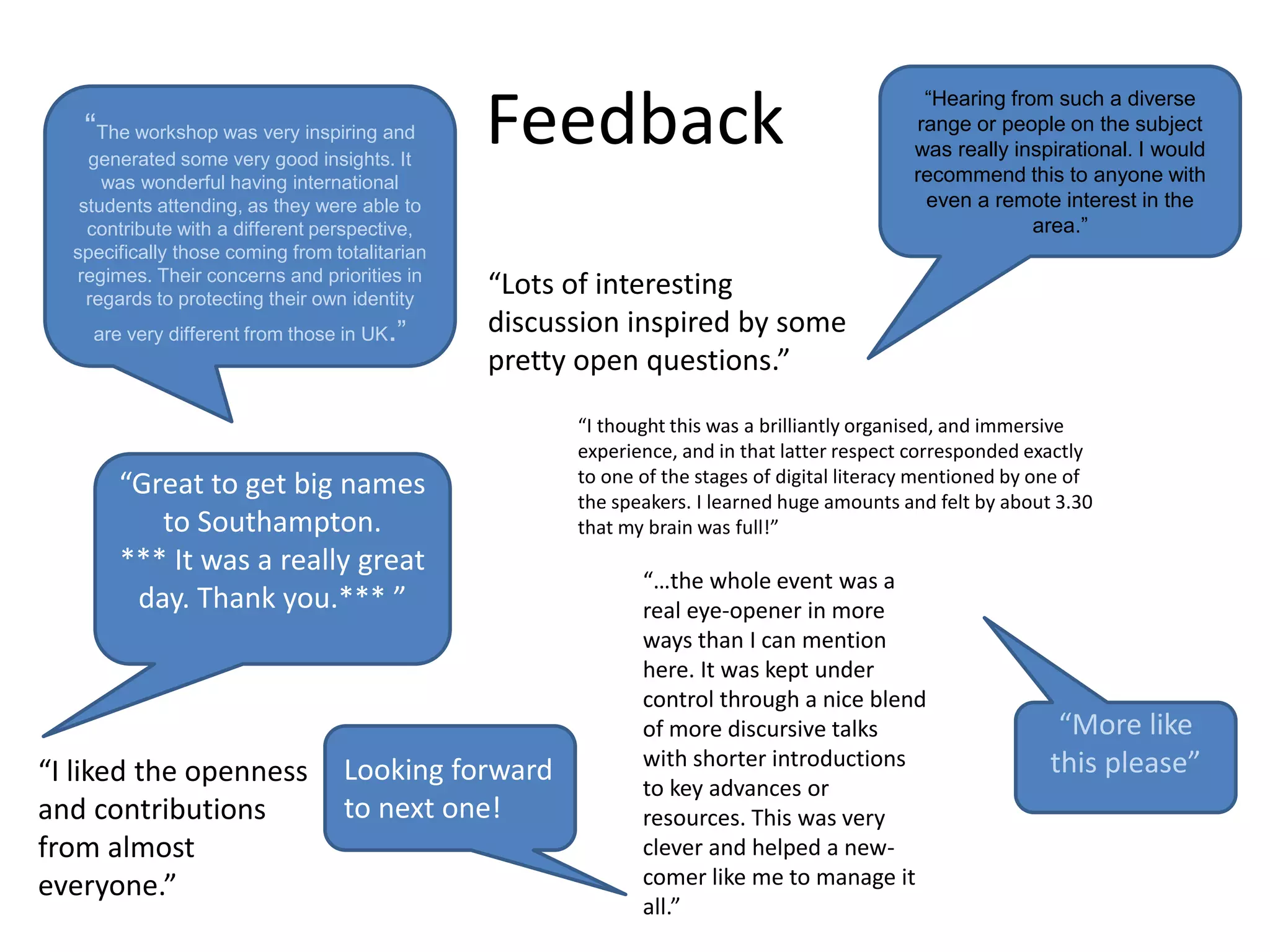 Feedback
“More like
this please”
“The workshop was very inspiring and
generated some very good insights. It
was wonderful having international
students attending, as they were able to
contribute with a different perspective,
specifically those coming from totalitarian
regimes. Their concerns and priorities in
regards to protecting their own identity
are very different from those in UK.”
“Hearing from such a diverse
range or people on the subject
was really inspirational. I would
recommend this to anyone with
even a remote interest in the
area.”
“Lots of interesting
discussion inspired by some
pretty open questions.”
“I thought this was a brilliantly organised, and immersive
experience, and in that latter respect corresponded exactly
to one of the stages of digital literacy mentioned by one of
the speakers. I learned huge amounts and felt by about 3.30
that my brain was full!”
“Great to get big names
to Southampton.
*** It was a really great
day. Thank you.*** ”
“…the whole event was a
real eye-opener in more
ways than I can mention
here. It was kept under
control through a nice blend
of more discursive talks
with shorter introductions
to key advances or
resources. This was very
clever and helped a new-
comer like me to manage it
all.”
Looking forward
to next one!
“I liked the openness
and contributions
from almost
everyone.”
 