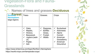 Vegetation-Flora and Fauna-
Grasslands
7
✢ Names of trees and grasses-Deciduous
Forest
Northern
Hemisphere-
taiga regions
Trees- Grasses Crops
 Oaks,
 Maples,
 Hickory,
 Basswood,
 Juglans (waln
ut),
 Poplar,
 Ash
 Ryegrass,
 Buffalo
Grass,
 Foxtail,
 Alfalfa
 Buckwheat
 Artichokes
 Alpine
Currant
 American
Gooseberry
 American
Groundnut
https://www.britannica.com/topic/Northern-Hemisphere
https://world-crops.com/temperate-crops/
 