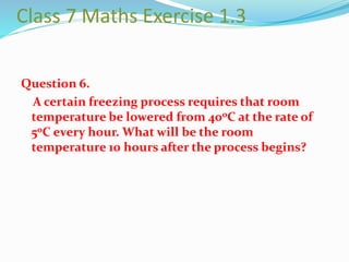 Class 7 Maths Exercise 1.3
Question 6.
A certain freezing process requires that room
temperature be lowered from 40oC at the rate of
5oC every hour. What will be the room
temperature 10 hours after the process begins?
 