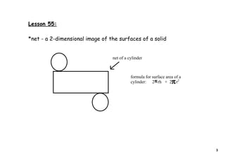 Lesson 55:
*net - a 2-dimensional image of the surfaces of a solid
net of a cylinder
formula for surface area of a
cylinder: 2 rh + 2 r2
3