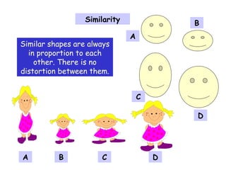 A
B
C
D
A B C D
Similarity
Similar shapes are always
in proportion to each
other. There is no
distortion between them.
 