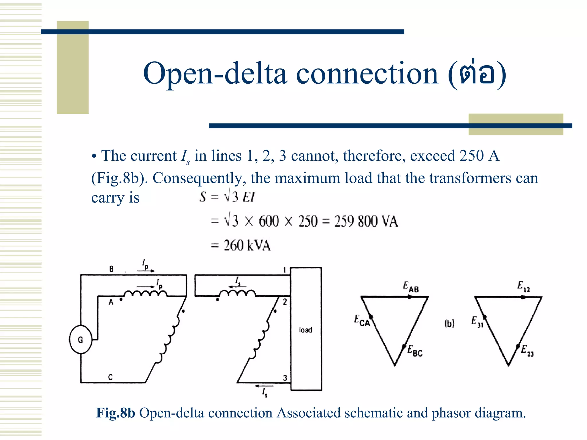 Open-delta connection (ต่อ)
• The current Is in lines 1, 2, 3 cannot, therefore, exceed 250 A
(Fig.8b). Consequently, the maximum load that the transformers can
carry is
Fig.8b Open-delta connection Associated schematic and phasor diagram.
 