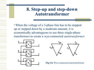 8. Step-up and step-down
Autotransformer
• When the voltage of a 3-phase line has to be stepped
up or stepped down by a moderate amount, it is
economically advantageous to use three single-phase
transformers to create a wye-connected autotransformer.
Fig.11a Wye-connected autotransformer.
 