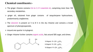 Chemical constituents:-
 The ginger rhizome contains 0.6 to 3.3 % essential oil, comprising more than 150
secondary metabolites.
 ginger oil, obtained from ginger contains of sesquiterpene hydrocarbons,
predominantly zingiberene.
 The oleoresin is present at 5 to 8 % in the dry rhizome and contains a broad
spectrum of phenylpropanoids.
 Around one quarter is 6-gingerol.
 Ginger rhizome further contains organic acids, fats around 50% sugar, and slimes.
R
O OH
6-Gingerol: R= (CH 2)4CH3
8-Gingerol: R= (CH 2)6CH3
10-Gingerol: R= (CH 2)8CH3
 