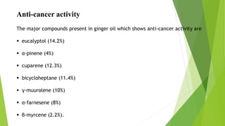 Anti-cancer activity
The major compounds present in ginger oil which shows anti-cancer activity are
 eucalyptol (14.2%)
 α-pinene (4%)
 cuparene (12.3%)
 bicycloheptane (11.4%)
 γ-muurolene (10%)
 α-farnesene (8%)
 β-myrcene (2.2%).
 