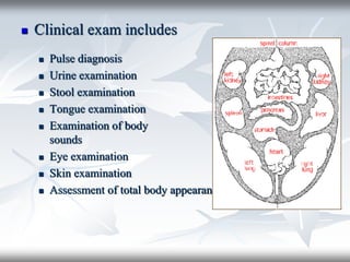  Clinical exam includes
 Pulse diagnosis
 Urine examination
 Stool examination
 Tongue examination
 Examination of body
sounds
 Eye examination
 Skin examination
 Assessment of total body appearance
 