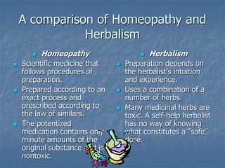 A comparison of Homeopathy and
Herbalism
 Homeopathy
 Scientific medicine that
follows procedures of
preparation.
 Prepared according to an
exact process and
prescribed according to
the law of similars.
 The potentized
medication contains only
minute amounts of the
original substance and is
nontoxic.
 Herbalism
 Preparation depends on
the herbalist’s intuition
and experience.
 Uses a combination of a
number of herbs.
 Many medicinal herbs are
toxic. A self-help herbalist
has no way of knowing
what constitutes a “safe”
dose.
 