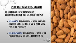 PROCESO BÁSICO DE SECADO
LA DIFERENCIA ENTRE DESECACIÓN Y
DESHIDRATACIÓN SON TAN SOLO CUANTITATIVAS
• DESECACIÓN: ELIMINACIÓN DE AGUA HASTA UN
GRADO DE HUMEDAD DE 0.12 A 0.14 KG DE AGUA
POR KG DE PRODUCTO
• DESHIDRATACIÓN: ELIMINACIÓN DE AGUA DE UN
PRODUCTO HASTA UN NIVEL PRÓXIMO A 0%
 