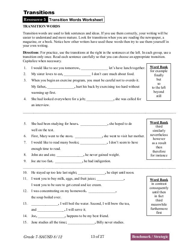 transition words in narrative writing worksheet