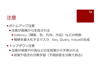 注意
¡ ボトムアップ注意
¡ 注意が画像から⽣成される
¡ Saliency（輝度、⾊、⽅向、⽅位）などの特徴
¡ 報酬を最⼤化するマスク、Key, Query, Valueの⽣成
¡ トップダウン注意
¡ 注意が感覚や⾏為などの全知覚から予測される
¡ 知覚や信念の分散学習（予測誤差を分散で割る）
16
 