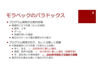 モラベックのパラドックス
¡ プログラム開発が⽐較的容易
¡ 意識的に⾏う作業（⼤⼈の知能）
¡ 数学、⼯学
¡ ゲーム
¡ 知識を⽤いた推論
¡ 進化のスケールで最近獲得された能⼒
¡ プログラム開発が厄介、もしくは著しく困難
¡ 半無意識的に⾏う作業（⼦供の⼈⼯知能）
¡ 歩く、⾛る → 2000年代に著しい進化
¡ 視覚、⾳声の認識 → 2010年代に著しい進化（深層学習）
¡ ⼿、指を⽤いた物体操作 → 2020年代現在でも極めて困難
¡ 数百万年の進化を通して強化された能⼒
5
 