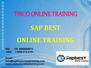 Page 1
SAP BEST
ONLINE TRAINING
TIBCO ONLINE TRAINING
IND +91 8688888976
USA +1666-313-4151
Email :
info@sapbestonlinetraining.com
www.sapbestonlinetraining.com
 