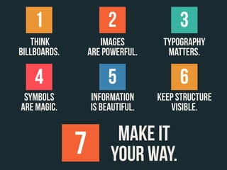 1                  2               3
   Think             IMAGES        TYPOGRAPHY
billboards.       ARE POWERFUL.     MATTERS.

    4                  5               6
 SYMBOLS          INFORMATION     KEEP STRUCTURE
ARE MAGIC.        IS BEAUTIFUL.      VISIBLE.

                         MAKE IT
              7         YOUR WAY.
 
