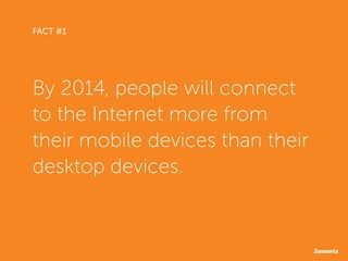 FACT #1
By 2014, people will connect
to the Internet more from
their mobile devices than their
desktop devices.
 