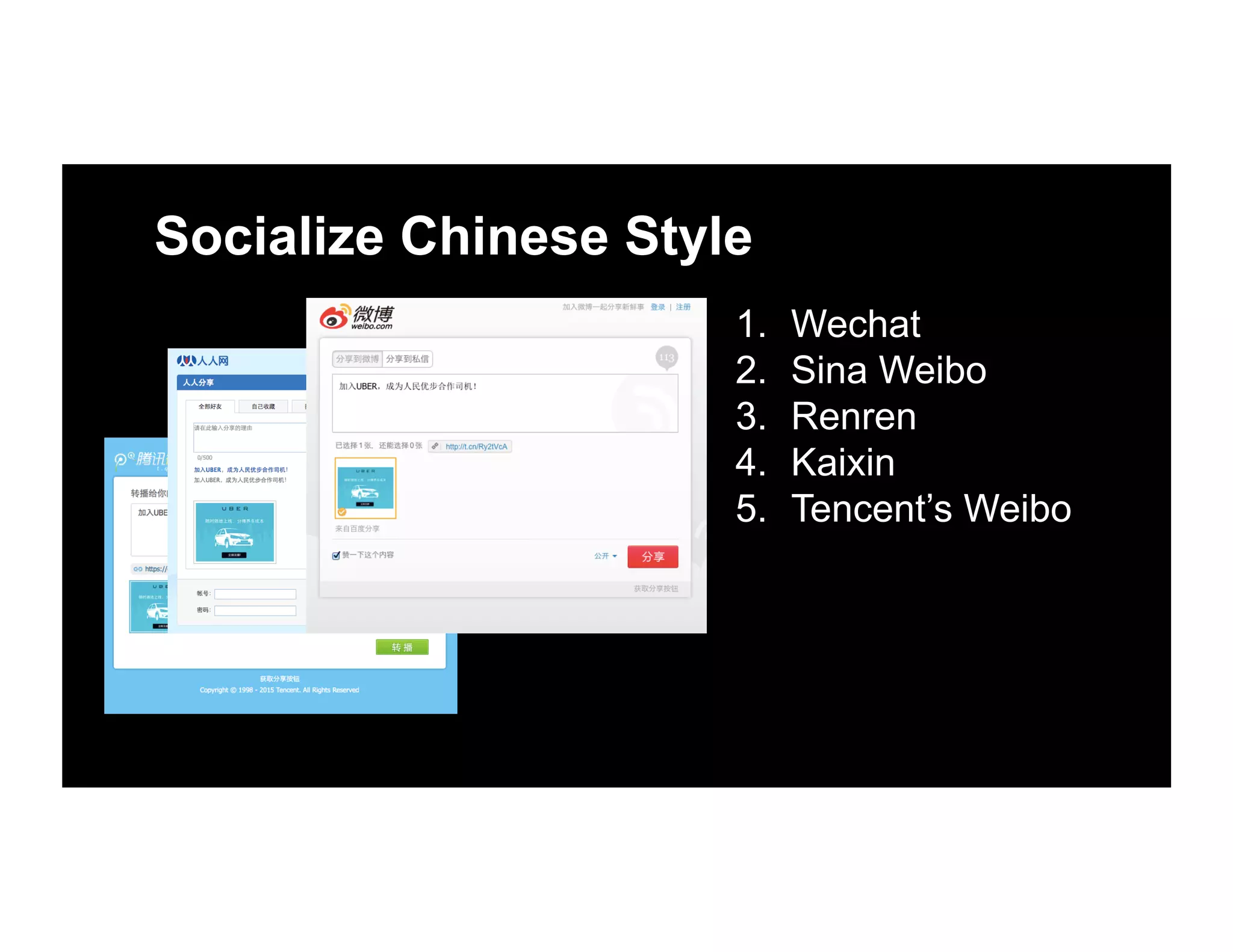 1.  Wechat
2.  Sina Weibo
3.  Renren
4.  Kaixin
5.  Tencent’s Weibo
Socialize Chinese Style
 