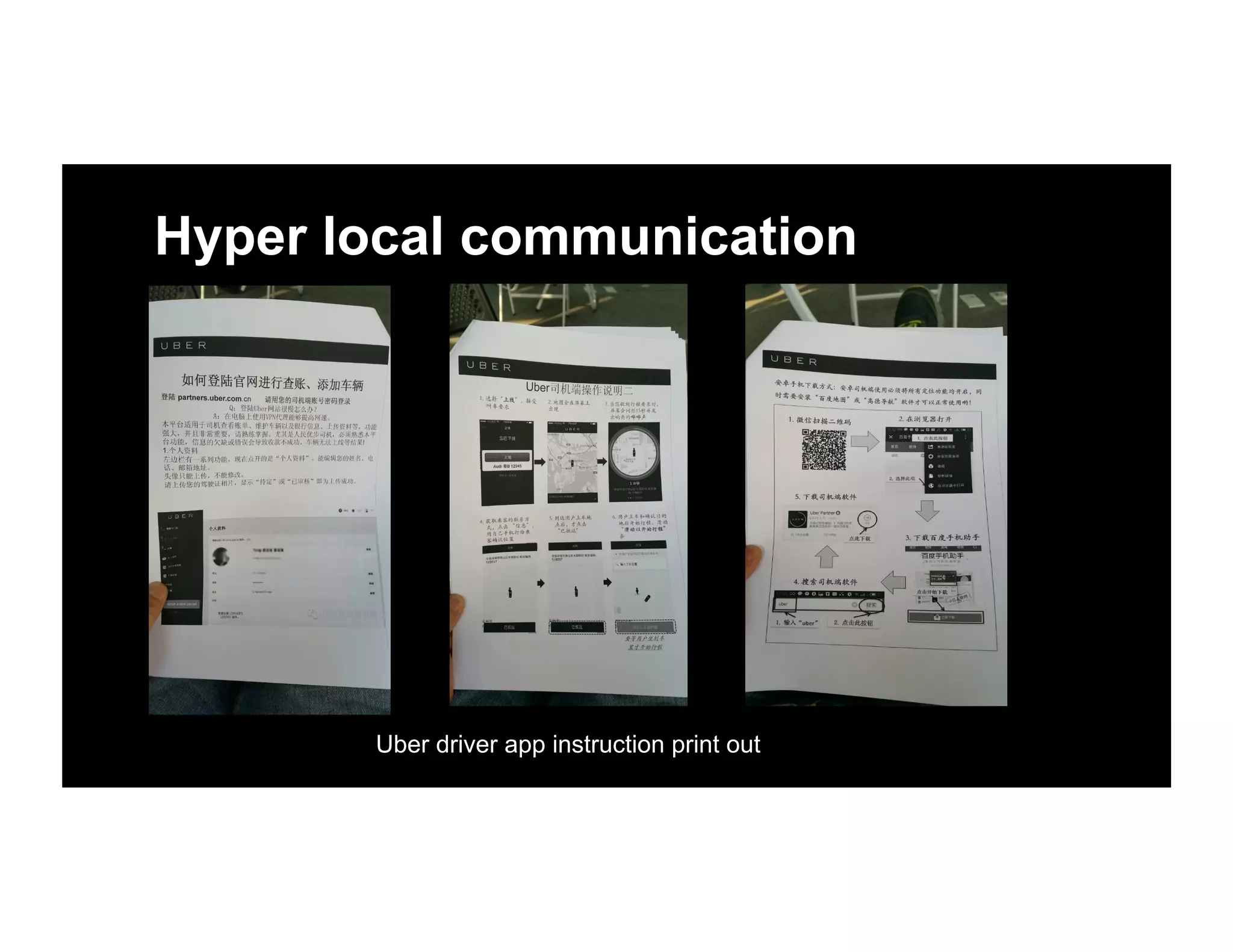 Hyper local communication
Uber driver app instruction print out
 