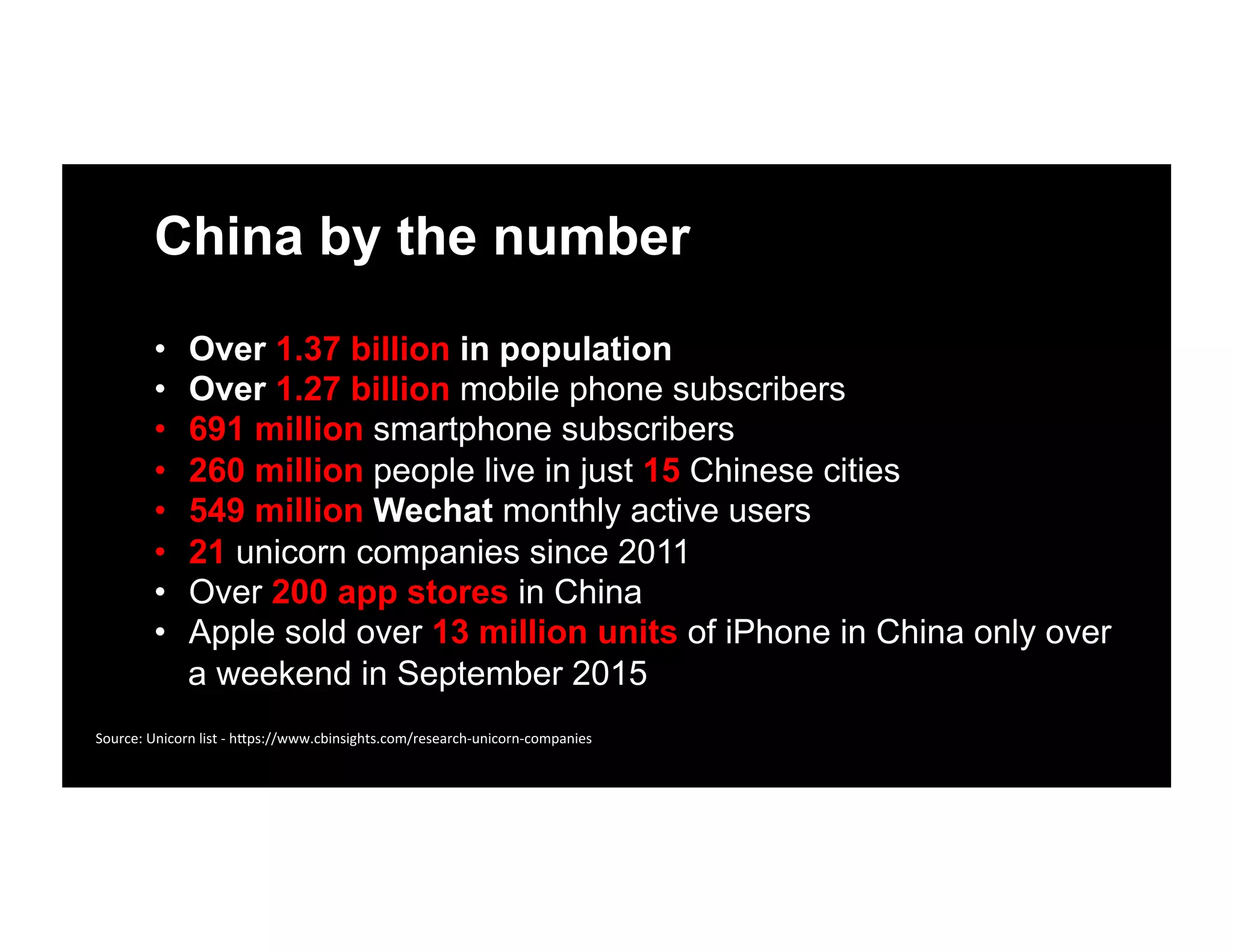 China by the number
•  Over 1.37 billion in population
•  Over 1.27 billion mobile phone subscribers
•  691 million smartphone subscribers
•  260 million people live in just 15 Chinese cities
•  549 million Wechat monthly active users
•  21 unicorn companies since 2011
•  Over 200 app stores in China
•  Apple sold over 13 million units of iPhone in China only over
a weekend in September 2015
Source:	
  Unicorn	
  list	
  -­‐	
  h1ps://www.cbinsights.com/research-­‐unicorn-­‐companies	
  
 