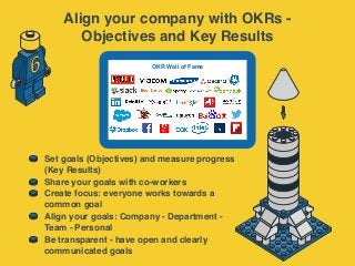 OKR Wall of Fame
6
Set goals (Objectives) and measure progress
(Key Results)
Share your goals with co-workers
Create focus: everyone works towards a
common goal
Align your goals: Company - Department -
Team - Personal
Be transparent - have open and clearly
communicated goals
Align your company with OKRs -
Objectives and Key Results
 