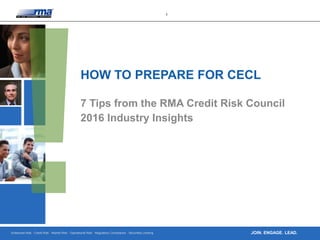 Enterprise Risk · Credit Risk · Market Risk · Operational Risk · Regulatory Compliance · Securities Lending
1
JOIN. ENGAGE. LEAD.
HOW TO PREPARE FOR CECL
7 Tips from the RMA Credit Risk Council
2016 Industry Insights
 