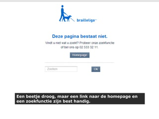 Een beetje droog, maar een link naar de homepage en
een zoekfunctie zijn best handig.

 