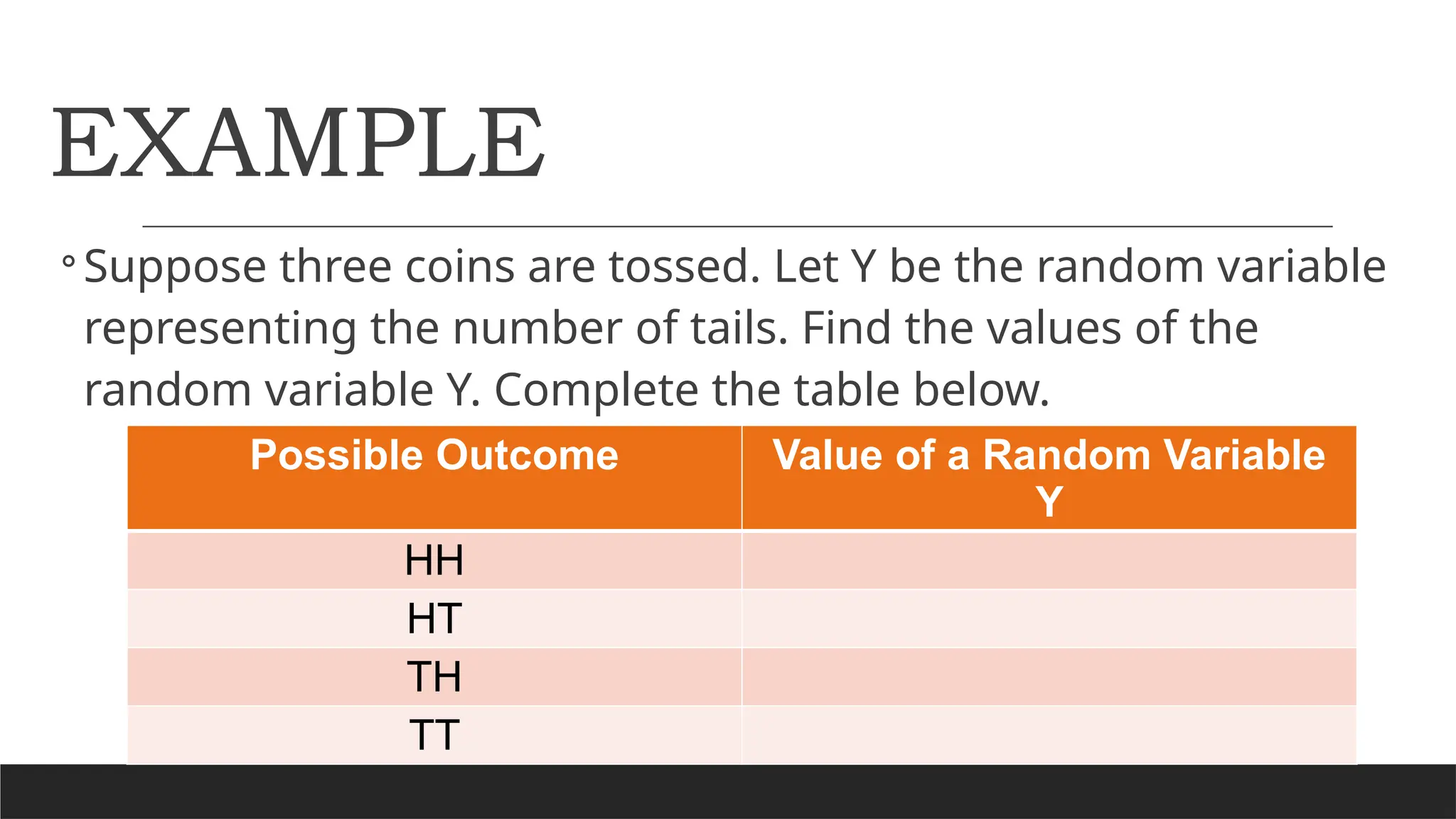 EXAMPLE
◦Suppose three coins are tossed. Let Y be the random variable
representing the number of tails. Find the values of the
random variable Y. Complete the table below.
Possible Outcome Value of a Random Variable
Y
HH
HT
TH
TT
 