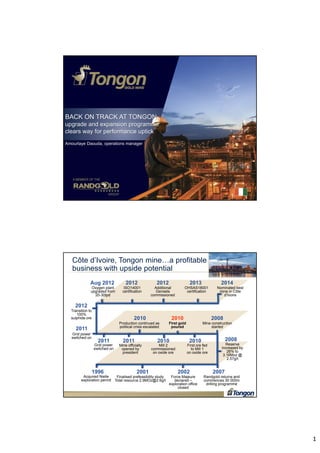 1
BACK ON TRACK AT TONGON…
upgrade and expansion programme
clears way for performance uptick
Amourlaye Daouda, operations manager
Côte d’Ivoire, Tongon mine…a profitable
business with upside potential
1996
Acquired Nielle
exploration permit
2001
Finalised prefeasibility study
Total resource 2.9MOz@2.6g/t
2002
Force Majeure
declared –
exploration office
closed
2007
Randgold returns and
commences 30 000m
drilling programme
Reserve
increased by
26% to
3.16Moz @
2.57g/t
2012
2008
Mine construction
started
2008
First ore fed
to Mill 1
on oxide ore
2010
First gold
poured
2010
Production continued as
political crisis escalated
2010
Oxygen plant
upgraded from
20-30tpd
Aug 2012
Transition to
100%
sulphide ore
2011
Additional
Gensets
commissioned
Nominated best
mine in Côte
d’Ivoire
Mine officially
opened by
president
2011
2014
Grid power
switched on
2012
Mill 2
commissioned
on oxide ore
2010
ISO14001
certification
2012
2011
Grid power
switched on
OHSAS18001
certification
2013
 