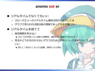 anemo eat er
リアルタイムでなくてもいい
スロークエリーのリアルタイム通知は別の⽅法でしてる-
グラフで⾒られれば数分前の情報であっても全然構わない-
リアルタイムを捨てて
保存期間を考えない
スローログが残っている限りの情報を、最初から、最後まで⾒られる
-
⾒るかどうかもわからないグラフのために常時リソースを割かなくて
いい
⾒たく / ⾒せたく なったら起動、⾒終わったら停⽌
-
33/98
 