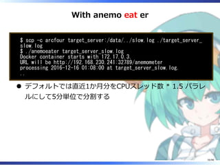 With anemo eat er
$ scp -c arcfour target_server:/data/../slow.log ./target_server_
slow.log
$ ./anemoeater target_server_slow.log
Docker container starts with 172.17.0.3.
URL will be http://192.168.230.241:32789/anemometer
processing 2016-12-16 01:08:00 at target_server_slow.log.
..
デフォルトでは直近1か⽉分をCPUスレッド数 * 1.5 パラレ
ルにして5分単位で分割する
35/98
 